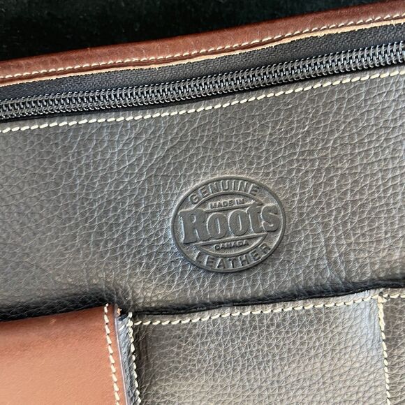 Roots Canada Leather Laptop Messenger Bag Breifcase Crossbody Black Brown - Picture 5 of 11